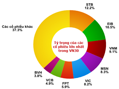 Biểu đồ tỷ trọng cổ phiếu trong VN30. Nguồn: CafeF.