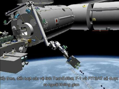 Mô phỏng quá trình vệ tinh F-1 được thả ra ngoài không gian bằng cánh tay robot. Ảnh: Chụp từ phim của JAXA.