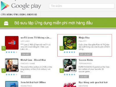 Ninja Rùa của FMA đứng thứ 2 trong Google play.