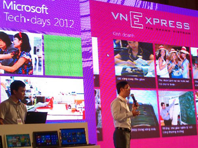 Anh Nguyễn Tất Đắc – Giám đốc Trung tâm Điện toán Di động thuộc Ban Giải pháp Công nghệ FPT Software giới thiệu ứng dụng đọc báo VnExpress tại Techday Việt Nam 2012