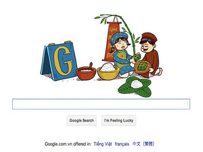 Từ thời khắc giao thừa, Doodle Tết trên trang của của Google vẽ cảnh hai hũ gạo và đậu xanh nhỏ ở vị trí chữ “o” trong logo Google, ở vị trí “g” là hình một bé gái tay cầm bánh Chưng chuẩn bị gói bằng lá dong. Ảnh: V.N.