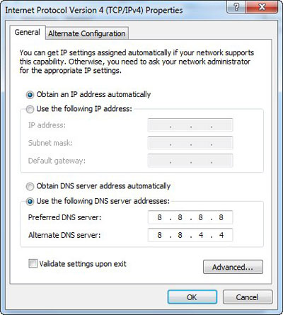 Cửa sổ thiết lập IP và DNS.
