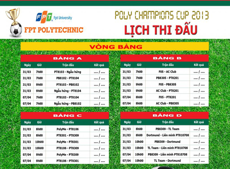 Vòng bảng Poly Champions Cup 2013 diễn ra trong hai ngày 31/3 và 7/4. Ảnh chụp màn hình.