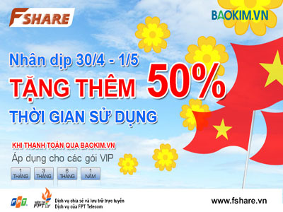 Fshare tặng thời gian sử dụng cho khách hàng mua tài khoản VIP và thanh toán qua baokim.vn. FOX.