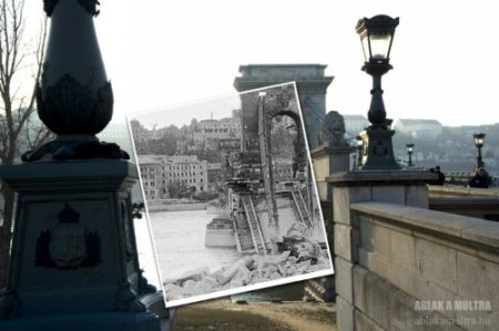 Một góc khác của cây cầu Széchenyi năm 1945 và 2013