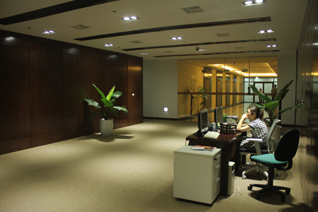 Sảnh lễ tân tầng 20. Tầng này tập trung chủ yếu các phòng họp của công ty. Thiết kế ánh sáng mang lại cảm giác dịu dàng, trầm lắng.