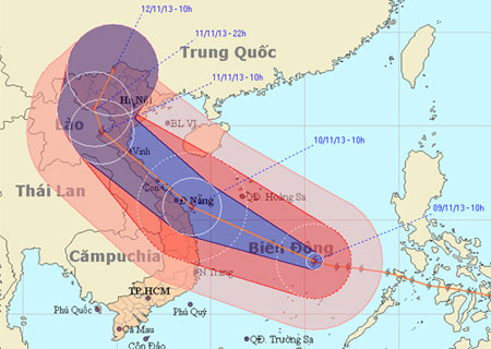 Siêu bão Haiyan sẽ ảnh hưởng ở cả miền Trung và miền Bắc Việt Nam. Ảnh: NCHMF.
