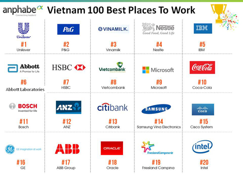 Bảng xếp hạng 20 công ty có môi trường làm việc tốt nhất Việt Nam trong tất cả các nhóm ngành. Nguồn: Anphabe.
