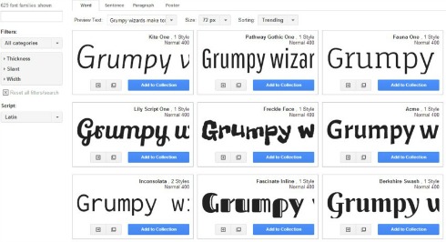 Google Fonts offers open source web fonts for all to use privately or commercially. As of now, there are 629 font families available. Filter fonts by thickness, slant, width and script.