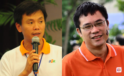 Anh Phạm Minh Tuấn (trái) sẽ đảm nhận vị trí TGĐ FPT IS thay anh Dương Dũng Triều (phải), người vừa được bổ nhiệm làm Giám đốc Toàn cầu hóa FPT. Ảnh: C.T.