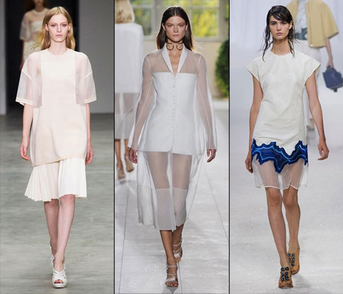 Phương án an toàn nhất cho vải sheer là chỉ dùng ở những phần cơ thể như vai, cổ, cánh tay, đùi. Một ít viền họa tiết sẽ tạo nên cảm giác đứng đắn, ít phô trương cho trang phục. Xu hướng này có thể áp dụng rộng rãi cho các trang phục văn phòng mang tính ứng dụng cao nhưng vẫn hợp mốt.