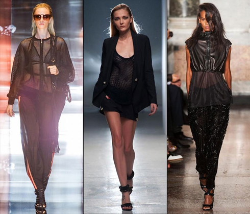 Xu hướng thể thao cao cấp ồ ạt trên sàn diễn xuân hè năm nay biến vải sheer lưới trở thành một chất liệu quan trọng không thể thiếu. Chất liệu này đa số là màu đen, thể hiện sự kín đáo và thanh lịch nhưng vẫn khoe được cơ thể. Các tín đồ thời trang nên phối hợp sheer lưới với những trang phục dày dặn hơn như áo ngực che vòng một, blazer, áo khoác da dạng crop-top... Trang điểm đậm tạo khối và tóc ướt sẽ khiến bạn trở nên hoàn hảo.