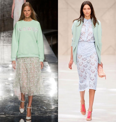 Mang một vẻ đẹp thanh lịch và tinh tế vượt thời gian, không bao giờ lỗi thời, ren trên nền sheer là một sự kết hợp chất liệu đầy nữ tính và quý tộc. Mùa này, xu hướng trên thống trị qua những bộ váy xếp nếp, váy mullet, high-low hay thậm chí cả váy bút chì. Tông màu pastel ấm áp sẽ làm cho trang phục thêm phần tao nhã. Chất liệu này nên được kết hợp với các trang phục sang trọng và cổ điển khác như giày cao gót, sơ mi kín đáo hay áo len mềm.