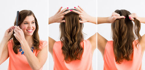 Bước 1: Trước tiên, các ấy chải tóc cho mượt, rồi nửa tóc trên, chia làm 3 phần bằng nhau.