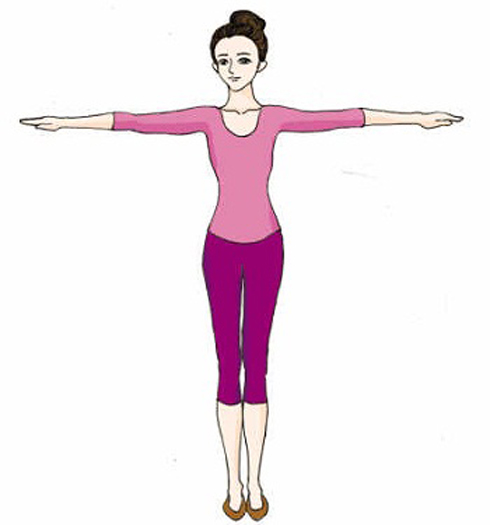Tư thế đứng thẳng, hai chân rộng bằng vai, hai tay giơ thẳng sang ngang sau đó xoay người sang trái rồi chuyển qua phải 20 lần. Ước tính mức tiêu hao năng lượng của động tác này là 15 calo.