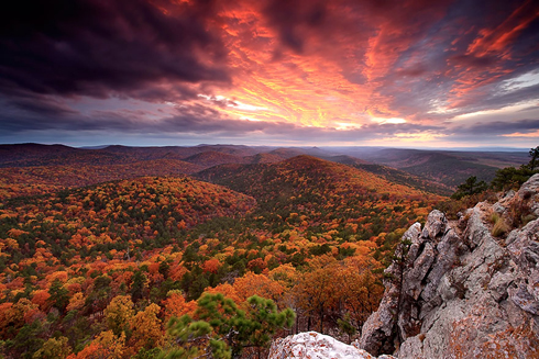 Sắc màu mùa thu nhìn từ đỉnh núi, rừng quốc gia Ouachita, Arkansas.