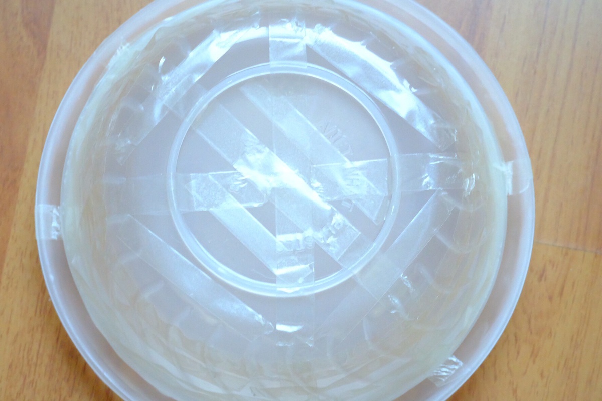 <p> <strong>Bước 2: </strong>Dùng băng dính trong dán cố định bát nhựa vào đĩa nhựa. Sau đó dùng băng dính hai mặt phủ kín phần đáy bát và chạy vòng tròn quanh thân bát.</p>