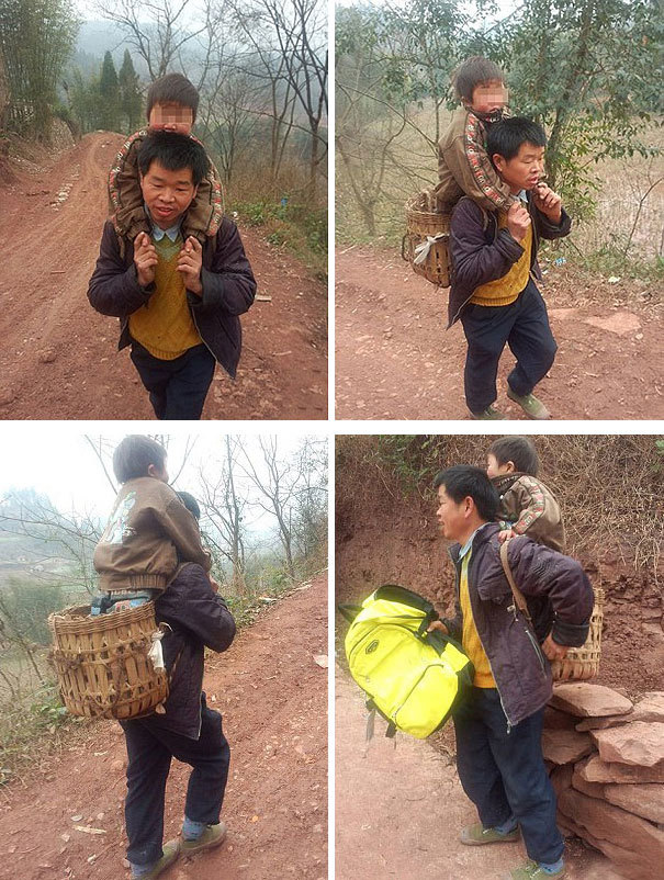 <p class="Normal"> Người cha Trung Quốc hằng ngày đều cõng con trai tàn tật tới trường cách nhà 18 dặm (28,97 km).</p>