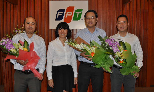 Tam Khôi FPT từ trái sang gồm Bảng Nhãn Lê Trạch Dinh (FPT Software), Trạng Nguyên Chu Quang Huy (FPT Retail) và Thám hoa Nguyễn Hữu Hoài Hưng (FPT Telecom).
