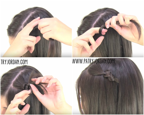 <p class="Normal" style="margin-top:0px;margin-bottom:0px;line-height:normal;color:rgb(51,51,51);padding:10px;background:rgb(245,245,245);"> <strong><span>Kiểu 3:</span></strong></p> <p class="Normal" style="margin-top:0px;margin-bottom:0px;line-height:normal;color:rgb(51,51,51);padding:10px;background:rgb(245,245,245);"> Lấy một lọn tóc mảnh phía bên mai, buộc thắt nút lại. Đuôi tóc giấu phía dưới lớp tóc bằng cặp tăm. </p>