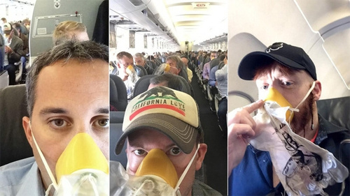 <p> Đeo mặt nạ dưỡng khí trên máy bay trong trường hợp khẩn cấp nhưng vẫn kịp selfie.</p>