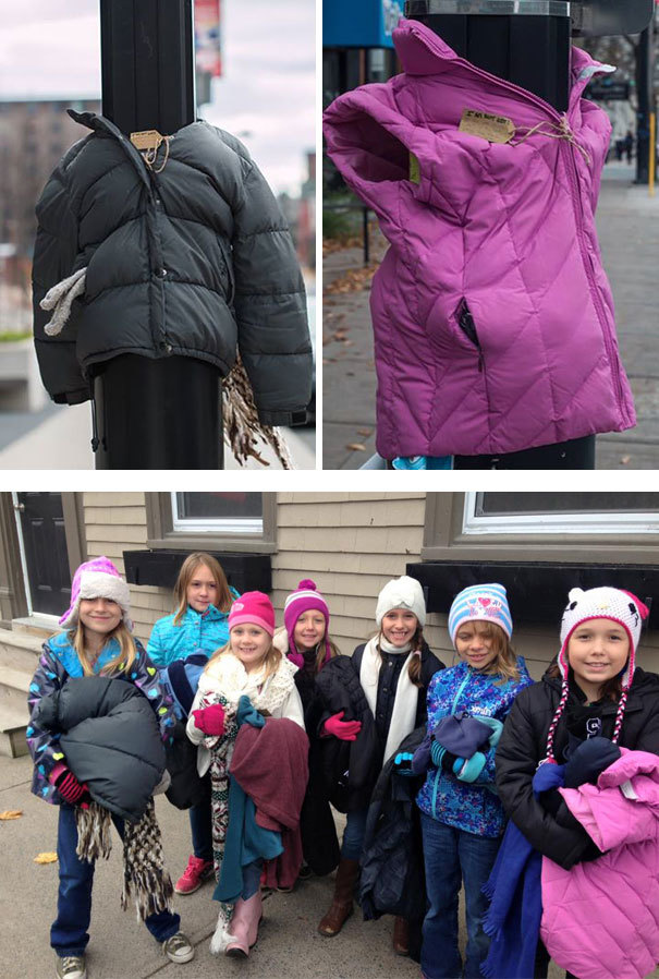 <p class="Normal"> Trẻ em ở Canada để áo khoác trên những cây cột đường phố để giúp đỡ người vô gia cư chống chọi với giá rét mùa đông. </p>