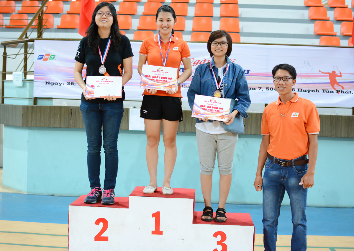 <p> Cao Thanh Trúc (FPT IS) đoạt huy chương Vàng môn bóng bàn, nội dung đơn nữ. Huy chương Bạc và Đồng lần lượt thuộc về Diễm Phương (FPT Software) và Thùy Trang (FPT Telecom). </p>