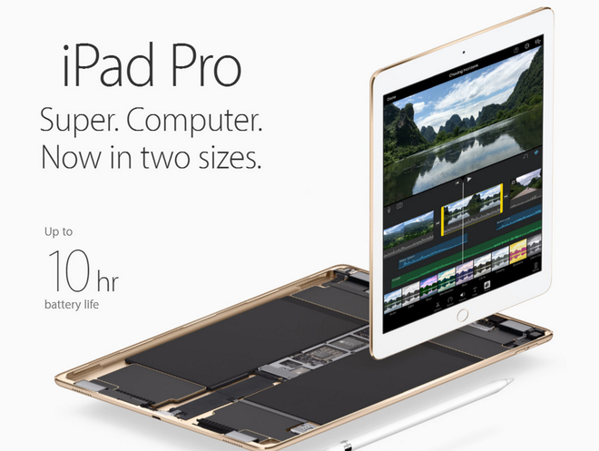 <p class="Normal" style="text-align:justify;"> iPad Pro 9,7 inch sạc nhanh hơn. Do có kích thước nhỏ hơn nên pin của phiên bản 9,7 inch sẽ có dung lượng thấp hơn so với phiên bản 12,9 inch dù cả hai model có thời gian sử dụng tương đương nhau. Nhưng nhờ pin nhỏ hơn nên phiên bản 9,7 inch sẽ sạc nhanh hơn - đây là một lợi thế bởi iPad Pro 12,9 inch tốn hết 5 giờ để được sạc đầy.</p>