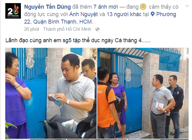 <p> Anh Nguyễn Tấn Dũng, FPT Telecom, hào hứng đăng chùm ảnh Giám đốc Trung tâm Kinh doanh Sài Gòn 5 Nguyễn Hữu Hoài Hưng ra thị trường cùng anh em trong ngày đầu tháng.</p>