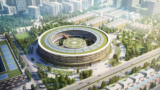 <p class="Normal"> Tòa nhà có thiết kế hình một chiếc nhẫn 2 lớp, phần lõi mô phỏng chiếc trống đồng lớn nhất có đường kính hơn 25m. Hình dáng khu phức hợp khiến không ít người liên tưởng tới ý tưởng tòa nhà xanh của hãng công nghệ Apple.</p>