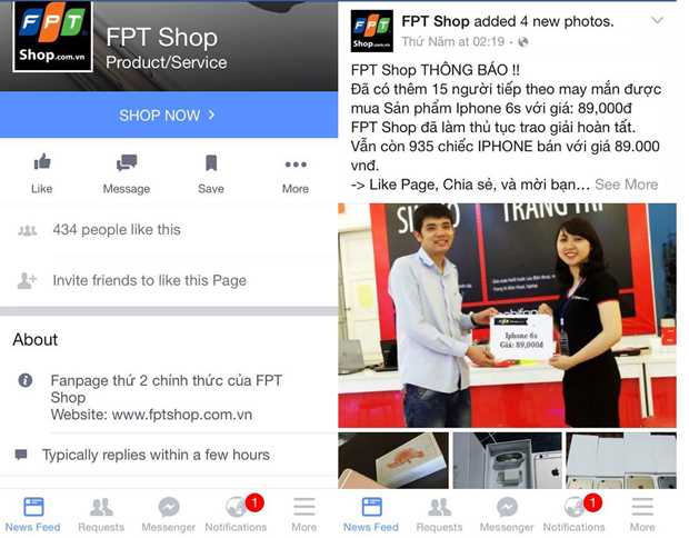 Trang giả mạo tự nhận là "fanpage thứ 2 chính thức của FPT Shop" và đăng tải thông tin về chương trình mua iPhone 6s với giá chỉ 89.000 đồng dành cho 950 người may mắn.