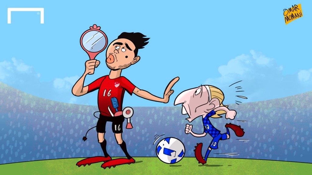 <p class="Normal" style="text-align:justify;"> Tuyển thủ Thổ Nhĩ Kỳ bị biếm họa vì bận vuốt tóc thay vì tập trung ngăn chặn cú sút cháy lưới của Luka Modric ở trận đấu vòng bảng với Croatia.</p>