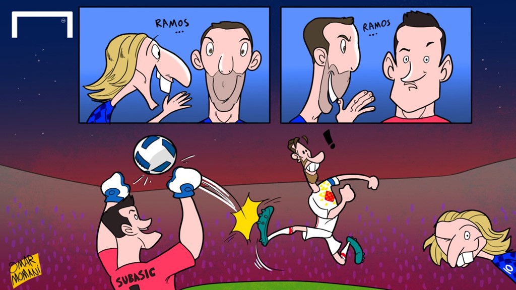 <p class="Normal" style="text-align:justify;"> Luka Modric mách nước giúp đồng đội chặn thành công cú sút penalty của thủ quân tuyển Tây Ban Nha Ramos.</p>