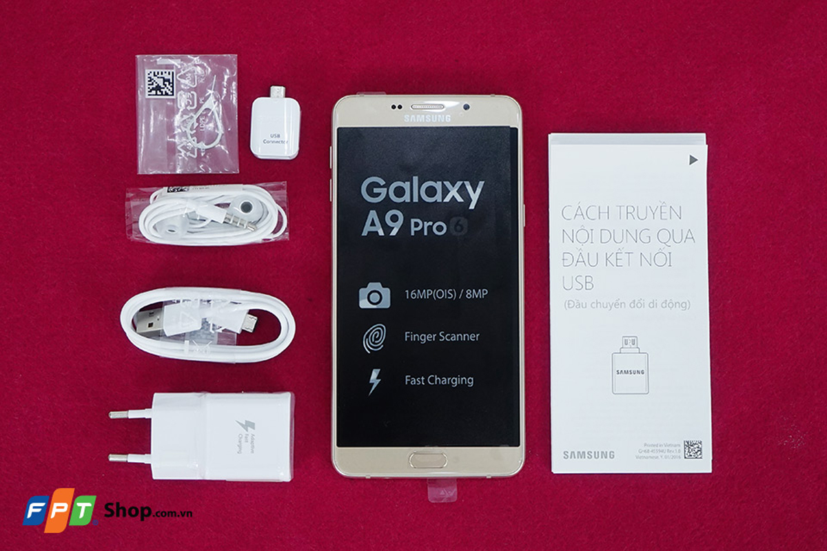 <p> Samsung Galaxy A9 Pro là một phiên bản nâng cấp của Galaxy A9 2016 từng được giới thiệu dành riêng cho thị trường Trung Quốc. Phụ kiện đi kèm máy chính hãng tại Việt Nam bao gồm: Sạc, cáp USB, tai nghe, que chọc SIM và sách hướng dẫn. Trong đó, cục sạc đi kèm có tính năng sạc nhanh, tích hợp công nghệ Quick Charge 2.0.</p>