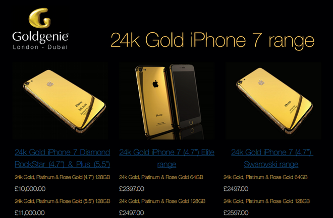 <p class="Normal" style="text-align:justify;"> Goldgenie cung cấp 12 mẫu iPhone 7 khác nhau, tất cả đều được mạ vàng 24K cho khách hàng lựa chọn, chia thành 2 loại là "Elite" và "Rockstar". Những sản phẩm thuộc "Rockstar" được gắn thêm bạch kim, vàng hồng và pha lê Swarovski theo yêu cầu, đắt nhất 11.000 USD. Máy có dung lượng bộ nhớ 128 GB.</p>
