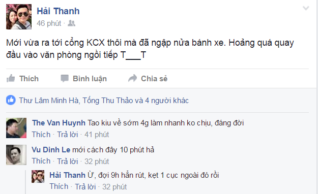 <p> Không nghe lời đồng nghiệp cảnh báo, anh Nguyễn Hải Thanh, FPT Telecom, phải quay lại công ty khi ra cổng khu chế xuất Tân Thuận đã ngập nửa bánh xe.</p>