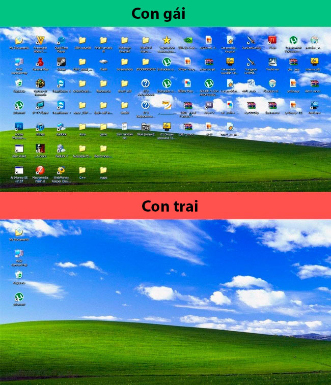 <p> Màn hình desktop, con trai luôn gọn gàng, con gái thì như một đống hỗn độn.</p>