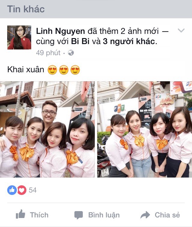 <div style="text-align:justify;"> Các người đẹp FPT Telecom Bắc Ninh chụp hình lưu niệm sau khi được lãnh đạo mừng tuổi.</div>