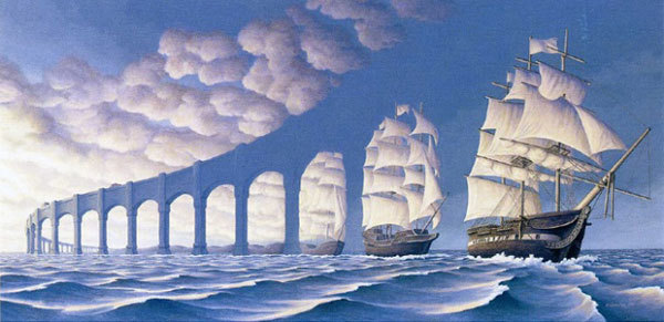 <p class="Normal" style="text-align:justify;"> Đây là tác phẩm nghệ thuật của Rob Gonsalves, một họa sĩ người Canada về chủ nghĩa hiện thực kỳ diệu. Tùy thuộc vào nơi bạn nhìn, bạn sẽ thấy hình là vòm của cây cầu dài hoặc thuyền buồm.</p>