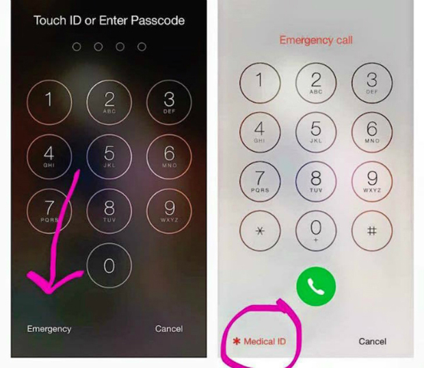 Bây giờ bạn thử lại bằng cách khóa điện thoại, bấm vào nút “Home”, chọn vào dòng chữ "Emergency" (khẩn cấp) bên góc trái sẽ thấy Medical ID hiện ra.