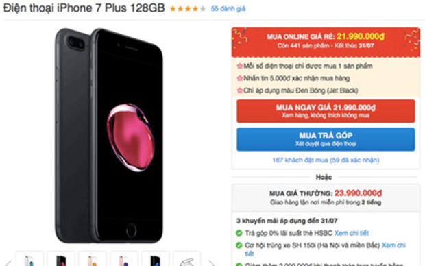 Phone 7 Plus đen bóng có hai giá khác nhau khi mua online và tại cửa hàng - Ảnh chụp màn hình