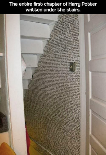<p> Anh chàng này rảnh rỗi đến nỗi viết hết toàn bộ phần 1 của Harry Potter lên tường hầm bậc thang như thế này. </p>