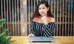 Bóng hồng Phân phối gợi cảm bên laptop