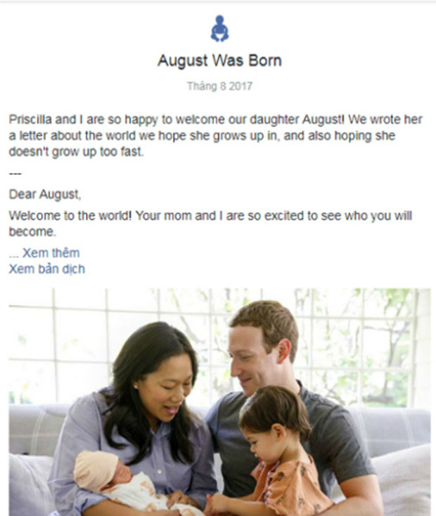 Ông chủ Facebook vui mừng chào đón con gái thứ hai chào đời.