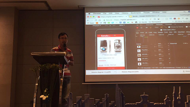 Anh Trần Phong Phú trình bày kết quả của đội Sen Đỏ sau thời gian lập trình. Theo đó, sau khi áp dụng các kỹ thuật do Google giới thiệu thì trang Sendo.vn đã tăng tốc độ tải trang gấp 4 lần so với phiên bản hiện tại và băng thông sử dụng giảm hơn 5 lần. 