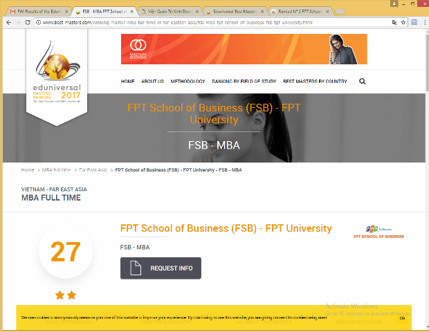 Đại diện duy nhất của Việt Nam, Viện quản trị kinh doanh FSB – Đại học FPT, xếp thứ 27 trong tổng số 30 trường.