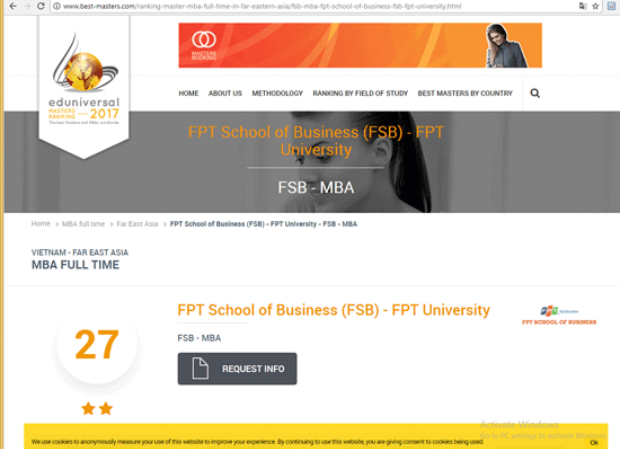 Đại diện duy nhất của Việt Nam - Viện quản trị kinh doanh FSB thuộc Đại học FPT, xếp thứ 27 trong tổng số 30 trường.