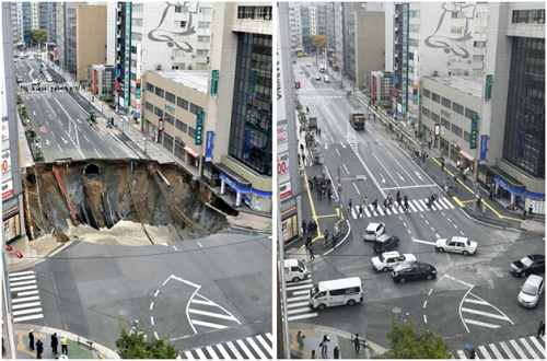 <p class="Normal"> <strong>Công tác sửa chữa đường xá được triển khai và hoàn tất rất nhanh</strong></p> <p class="Normal"> Vào năm 2014, một hố lớn sâu khoảng hơn 13 mét xuất hiện trên một con đường ở Fukuoka. Vụ sụt đất này có thể là kết quả của việc xây dựng tàu điện ngầm, nhưng may mắn là không ai bị thương. Bây giờ nhìn lại, thật khó để tin rằng nó đã xảy ra, bởi cái hố đó đã được sửa chữa chỉ trong vòng 48 giờ, điều này làm kinh ngạc cư dân mạng trên toàn thế giới.</p>