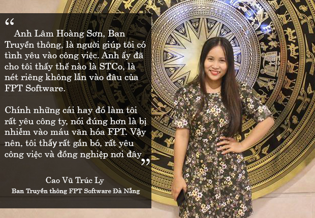 <p> Chị Cao Vũ Trúc Ly, Ban Truyền thông FPT Software Đà Nẵng, thêm yêu văn hóa, yêu công ty và công việc cũng là bởi có người truyền cảm hứng là anh Lâm Hoàng Sơn, đồng nghiệp của mình.</p>