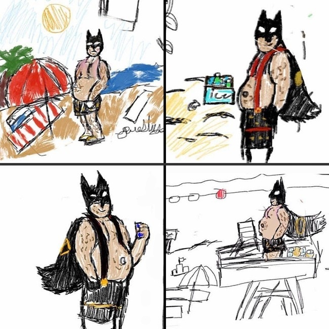 <p> "Bé con vẽ Batman tuổi trung niên, phát tướng với cuộc sống thường ngày".</p>